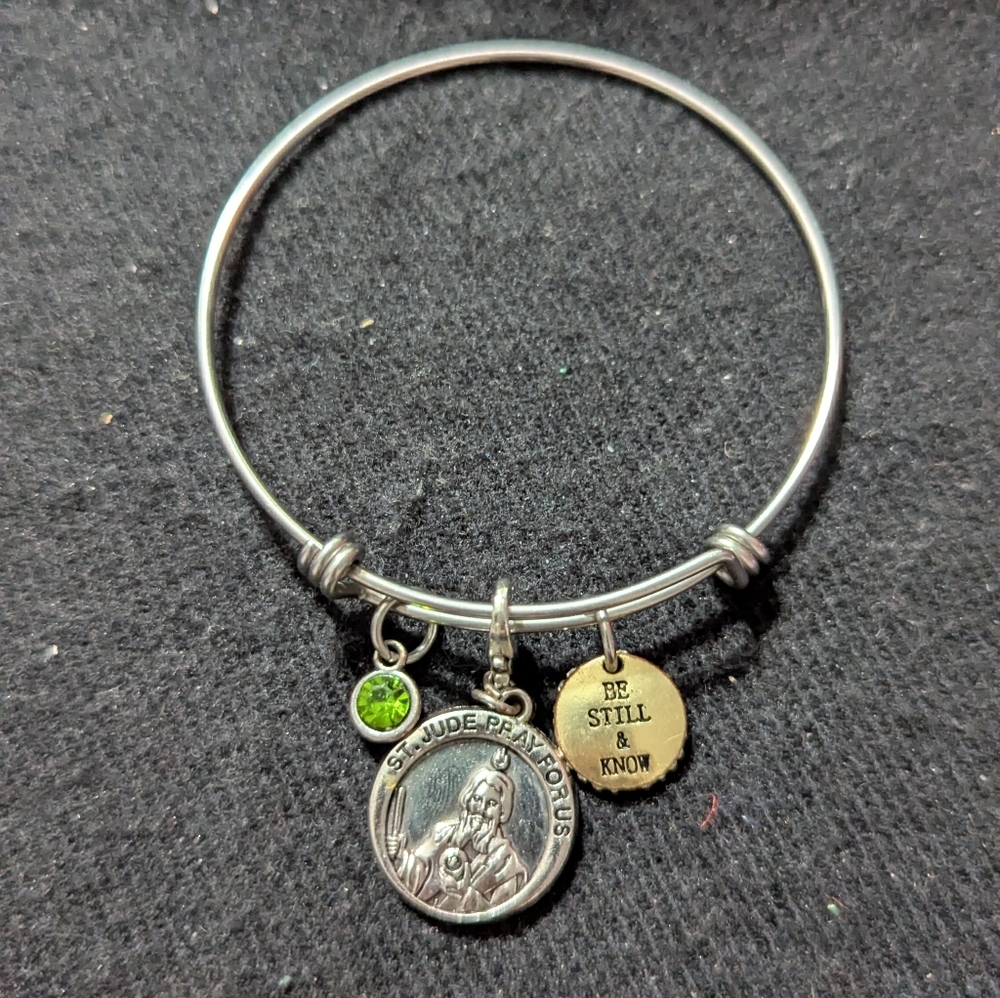 Silver Tone St Jude Be Still And Know Charm Bangle Expandable Statement Bracelet